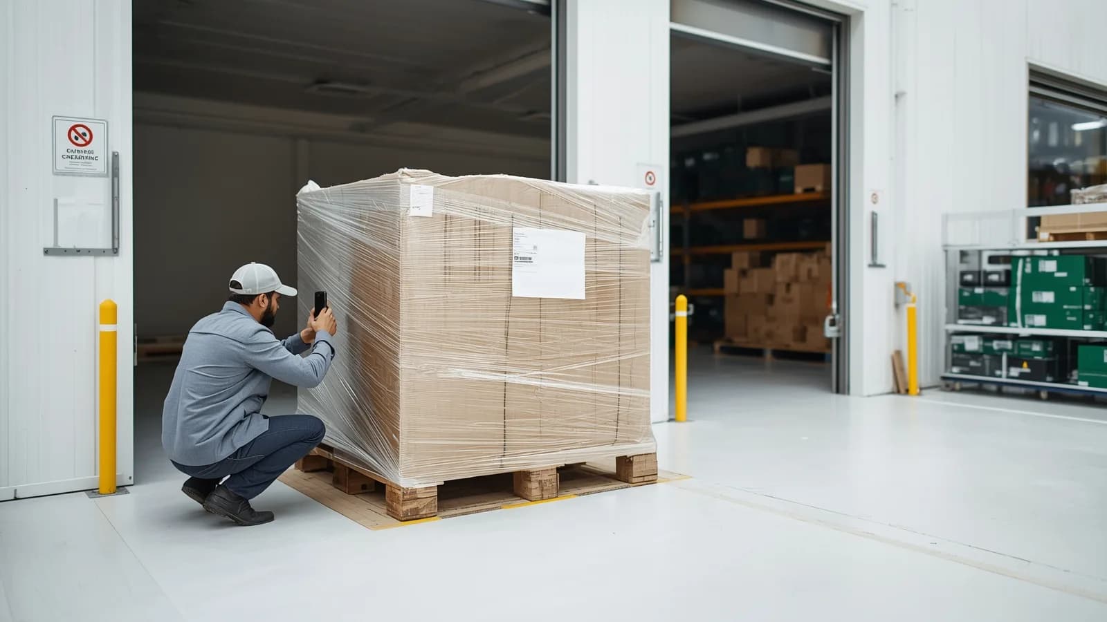 An editorial illustration of a warehouse receiving dock where an operator photographs a damaged pallet corner with a phone while a sealed record links the pallet to a shipping order.