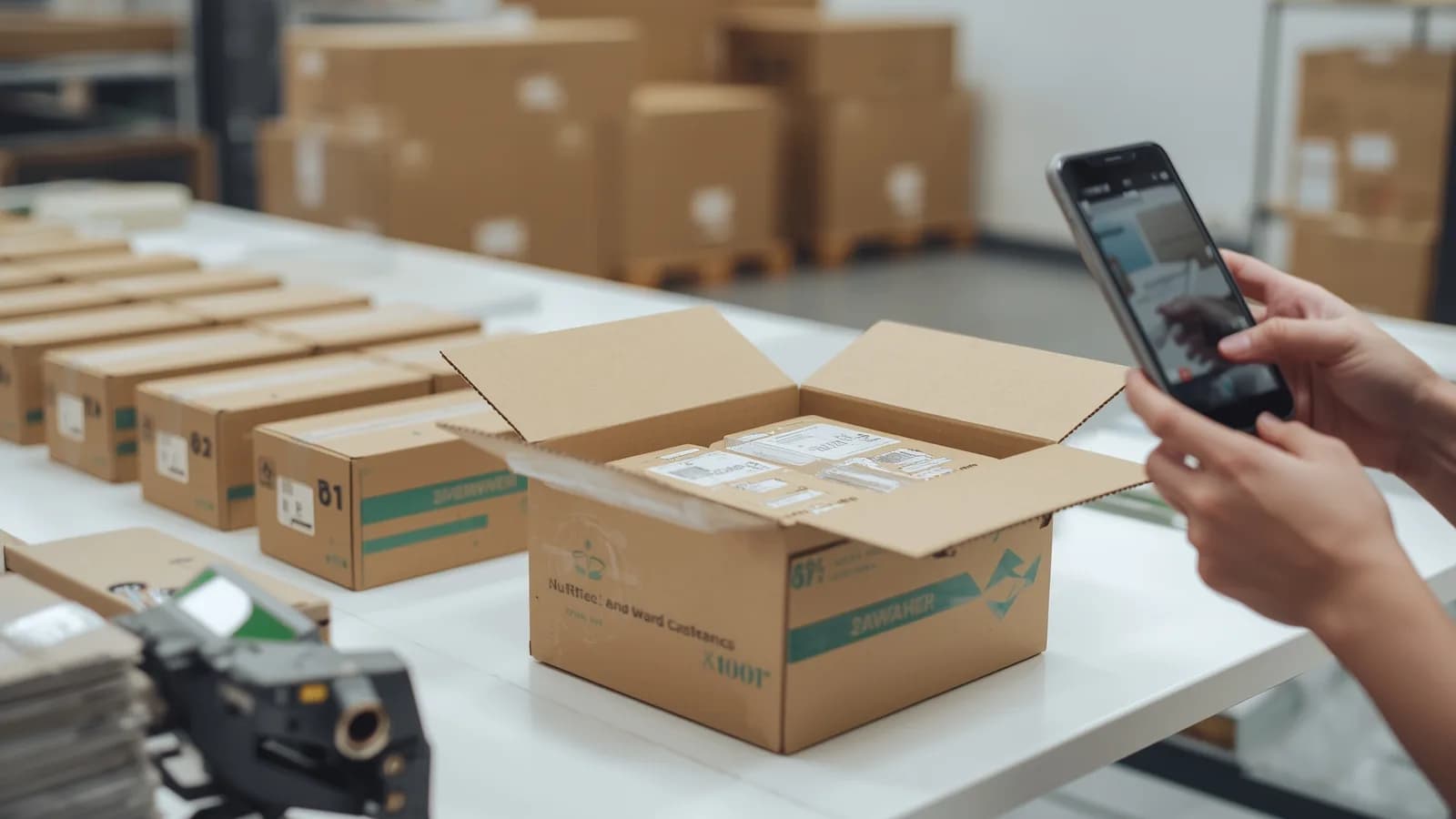 Rows of identical reward boxes on a fulfillment bench, one opened to show a board game inside, with a phone on a stand recording the packing.