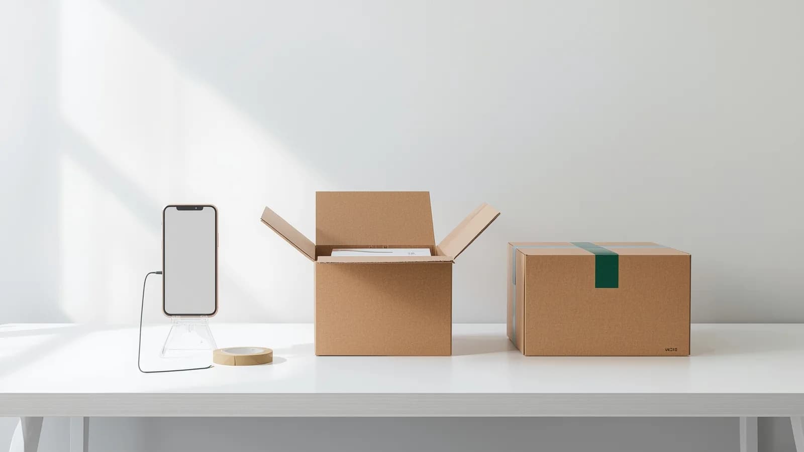 An editorial illustration of three parcels on a packing bench, each bound for a different country, with a phone recording the contents and cushioning of the open middle box before it is sealed.