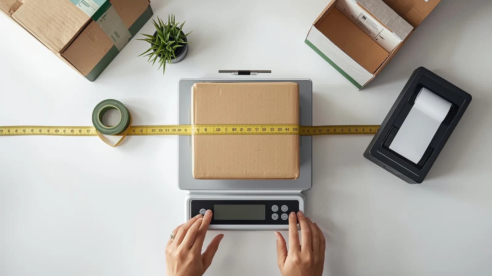 An editorial illustration of a sealed carton on a warehouse scale with a tape measure laid along its longest side, a phone photographing the box, the scale display and the tape in one frame.