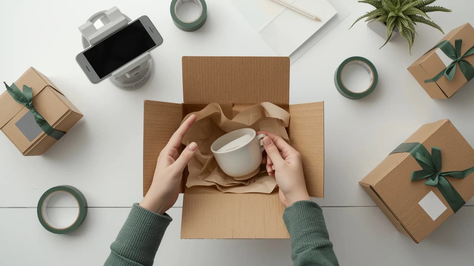 An editorial illustration of a handmade ceramic mug being checked against its listing photo on a laptop, while a phone on a stand records it before it is wrapped and boxed.