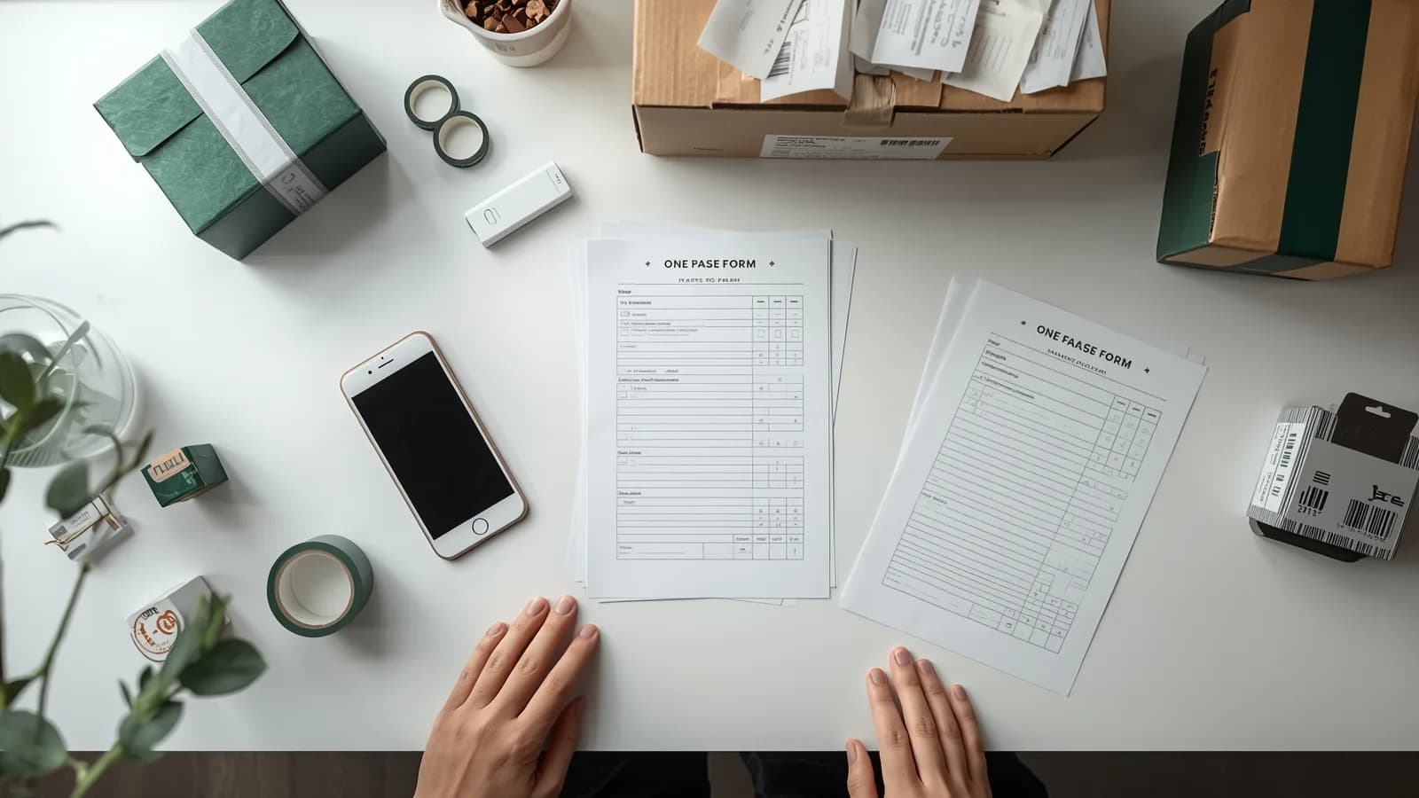 A neat stack of printed checklists and report forms on a packing bench next to a phone, a roll of tape and a sealed carton.