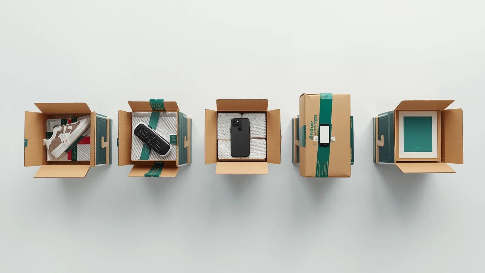 An editorial illustration of five packing benches side by side, each with a different product: a sneaker box, a graded trading card, a refurbished phone, an insulated food box and a framed painting, each watched by a phone on a small stand.