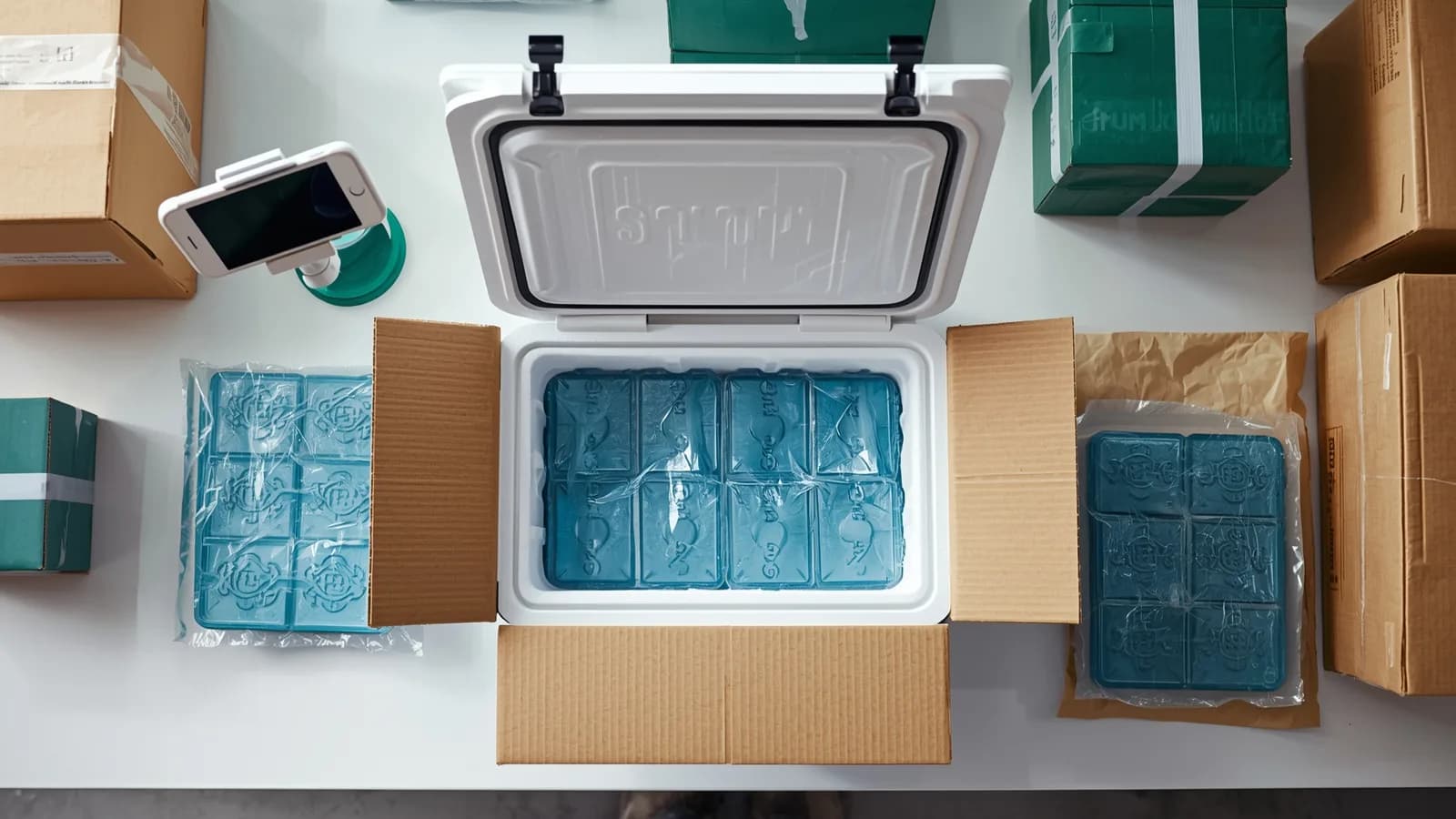 An insulated foam cooler open on a packing bench with frozen food packs, gel coolant packs placed around them and a phone recording the pack-out.
