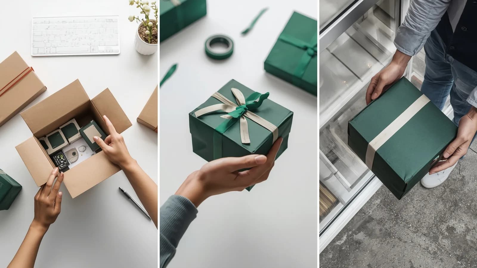An editorial illustration of three stages of one parcel's journey side by side: an open box being packed on a bench, the sealed box being handed to a courier, and the box left at a front door.