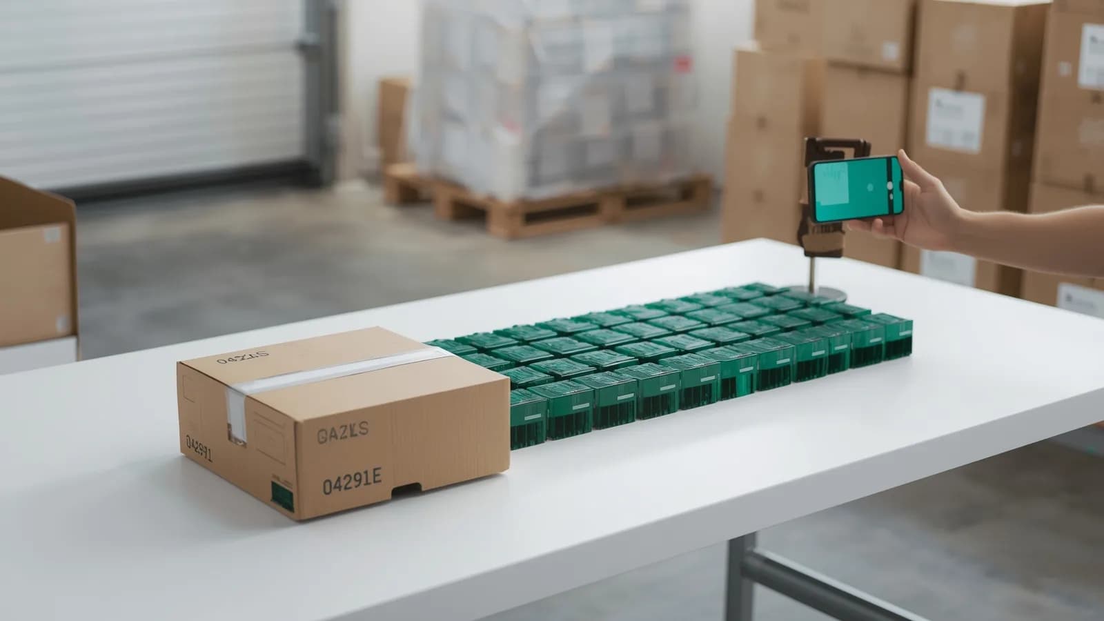 A receiving operator at a warehouse dock films a sealed carton being opened and its units counted onto a table, next to a pallet and a clipboard.