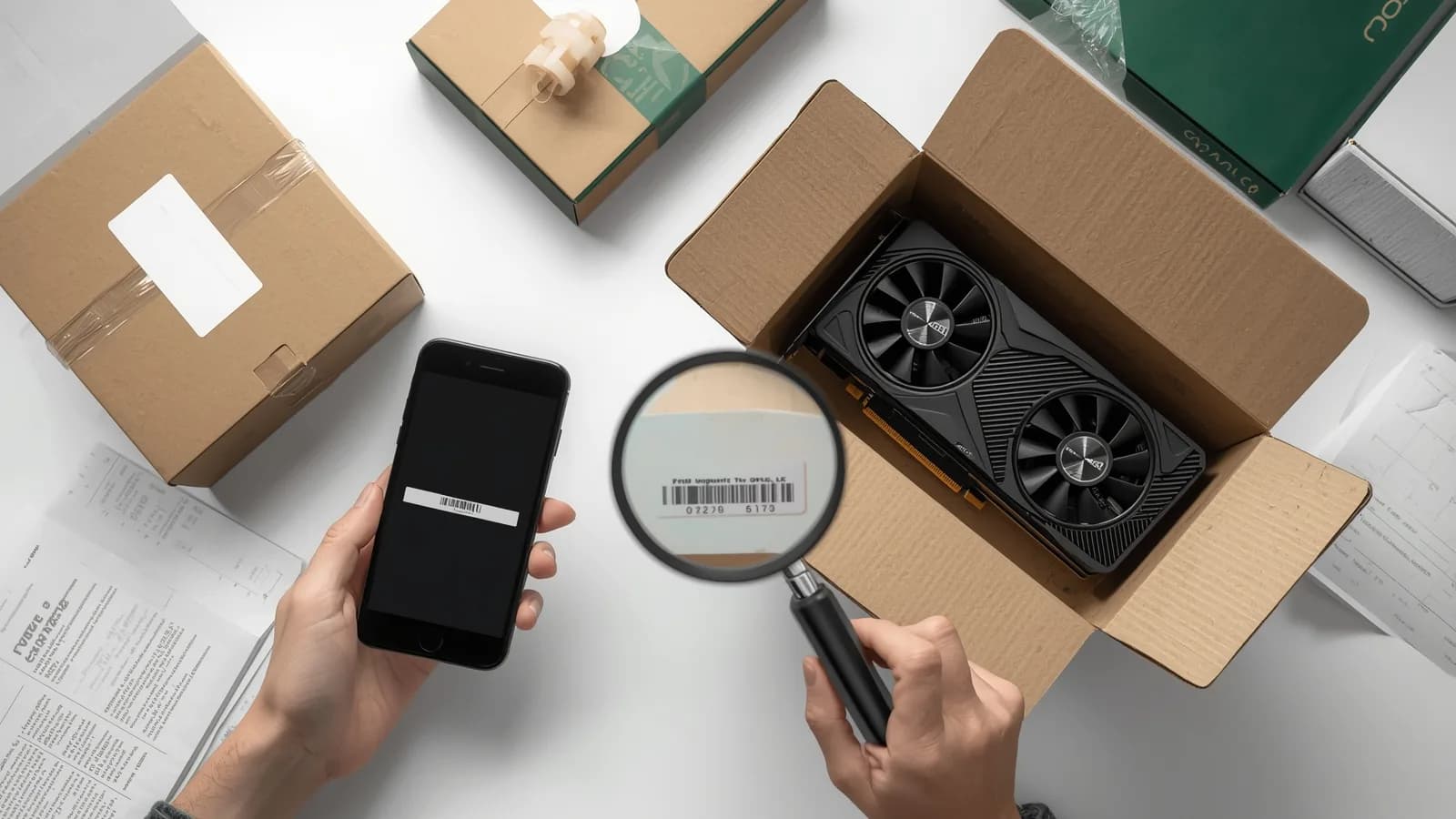An editorial illustration of two near-identical electronic devices side by side, one with its serial label captured in a packing recording and one returned with a different label.