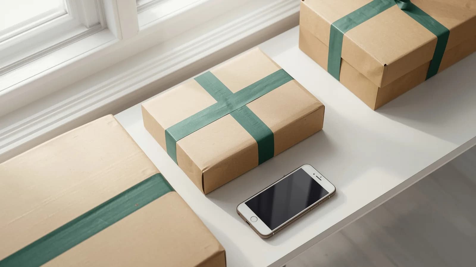 An editorial illustration of a checkout screen with a small protection toggle on one side and a packing bench recording a sealed parcel on the other, joined by a single order line.