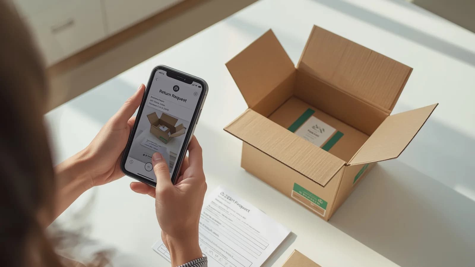 An editorial illustration of a Shopify-style return request on a phone next to a buyer filming a damaged product and its packaging.