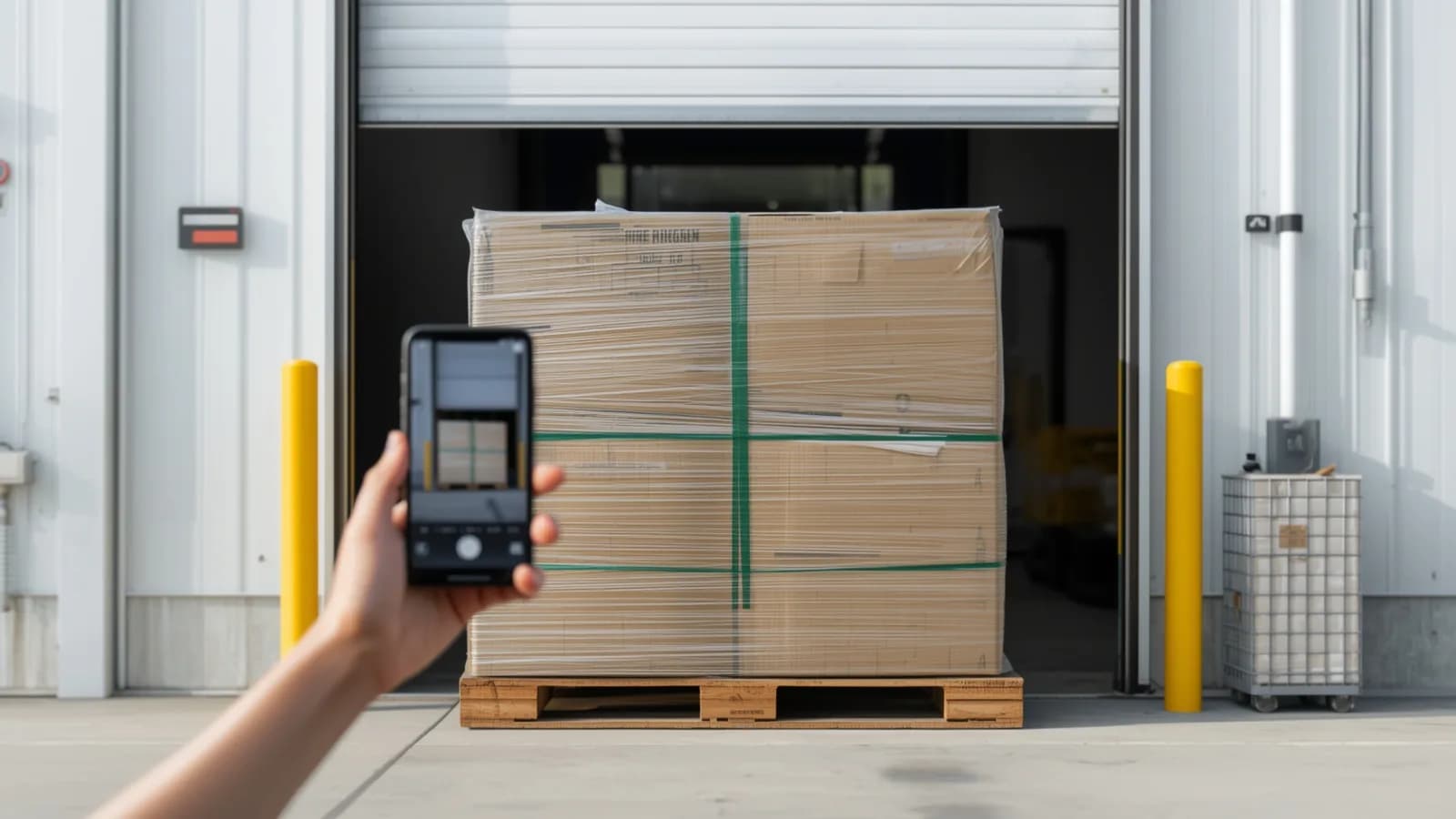 Labeled, shrink-wrapped pallets staged at one warehouse dock beside an open trailer, with an operator photographing a pallet label before loading.