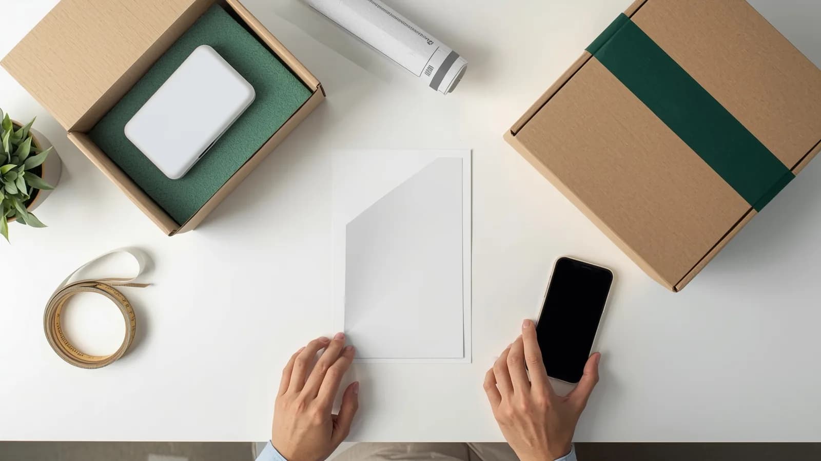 An editorial illustration of three photographs laid side by side on a desk: an item inside its cushioned box, a close-up of a shipping label, and a carton with a crushed corner, next to a tape measure.