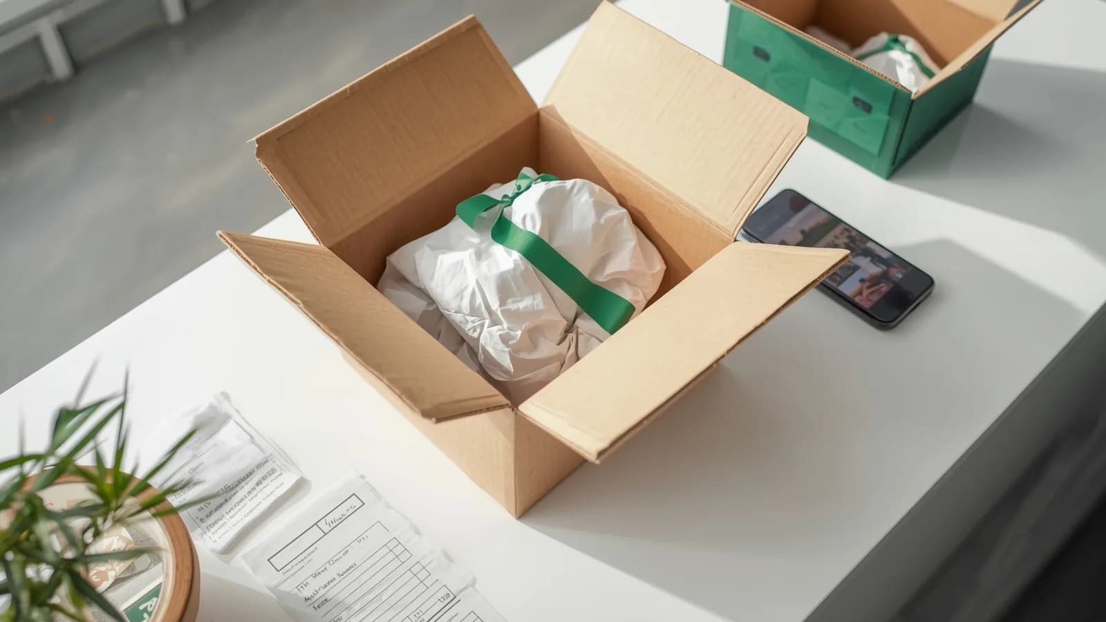 An editorial illustration of a mid-sized parcel with a dented corner on a post office counter, its opened flaps showing paper fill, next to a printed receipt and a phone displaying photos.