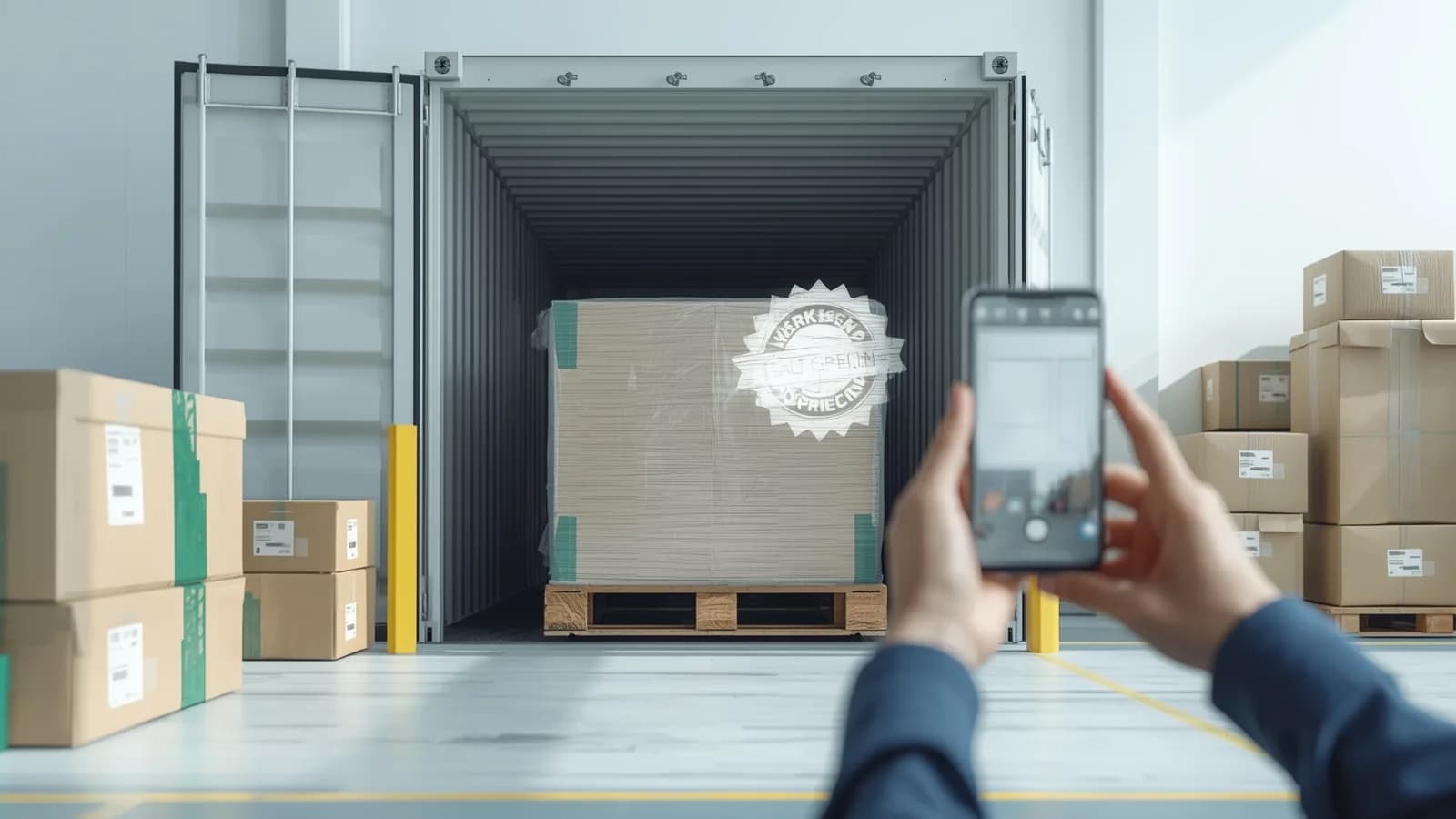 An editorial illustration of a warehouse dock where a worker photographs a wrapped pallet with a phone while a container stands open behind.