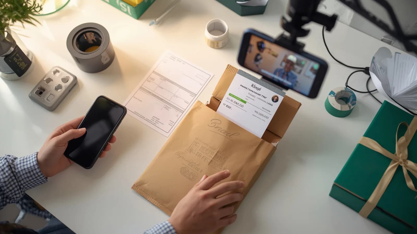 An editorial illustration of a live-selling table after a stream: a phone on an overhead stand records a graded trading card going into a padded mailer next to a printed shipping label.