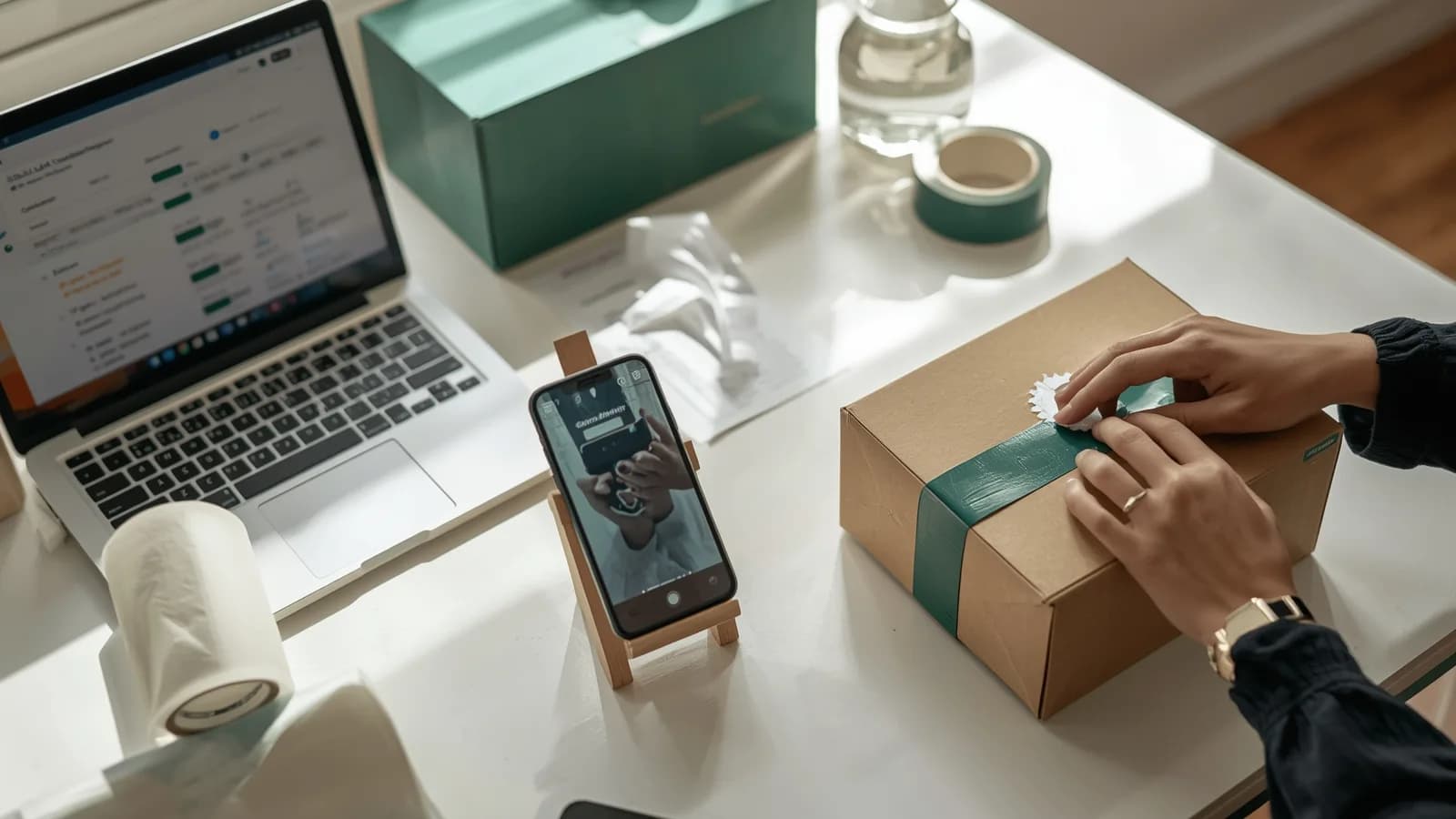 An editorial illustration of a small online shop's packing table with a laptop showing an abstract order list and a phone recording a parcel being sealed.