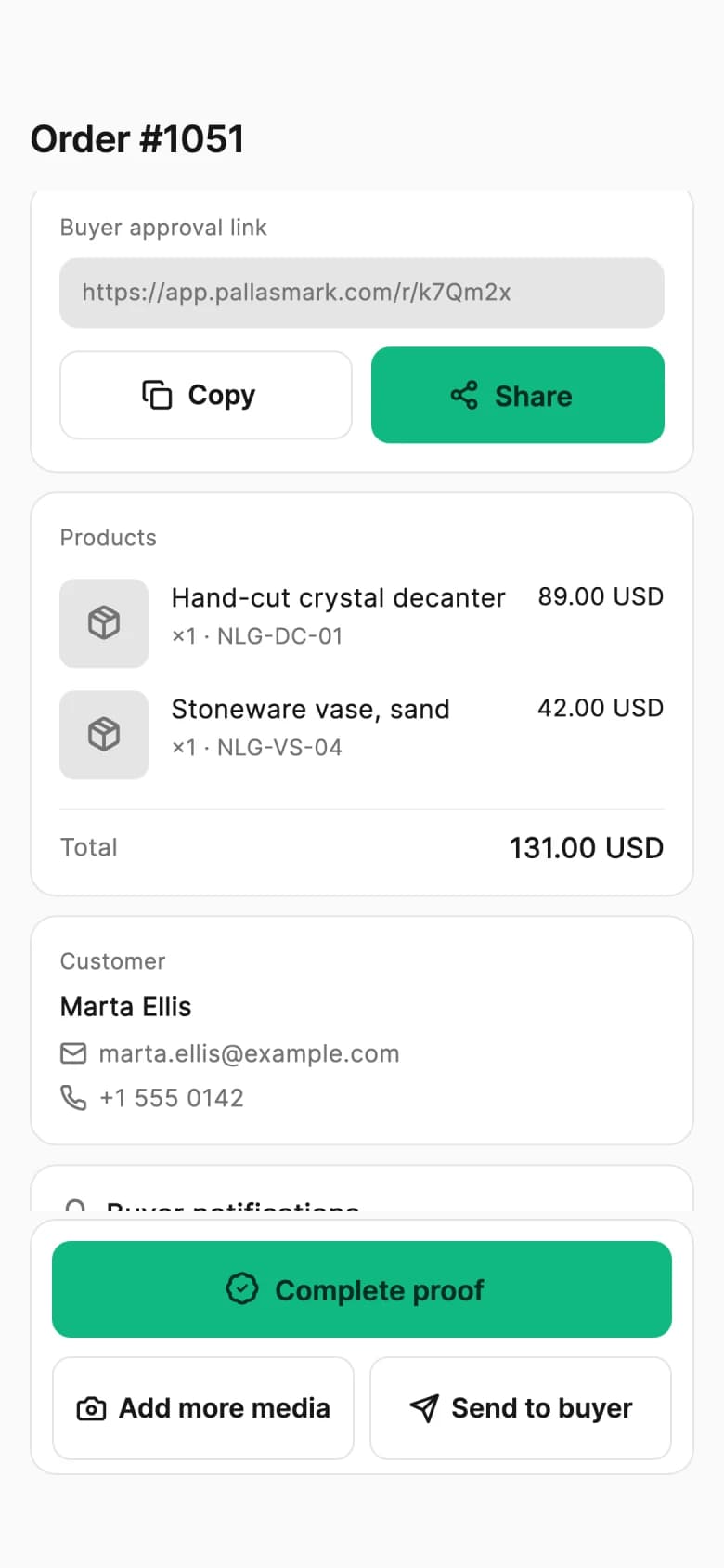 The order screen after sending: status Sent, the video attached and marked Ready, and the buyer approval link.
