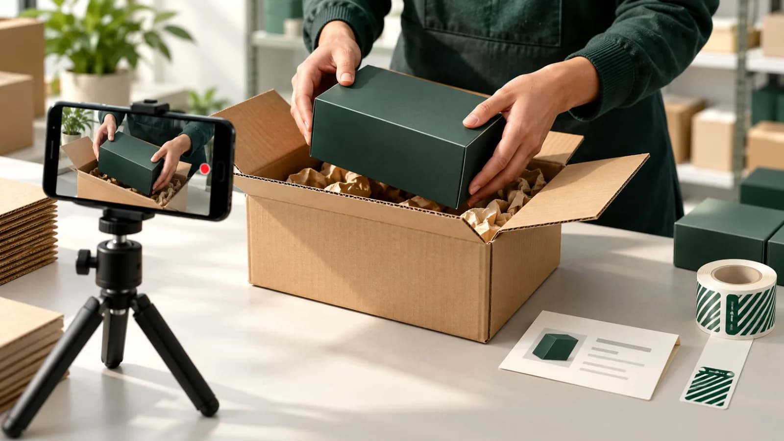 An editorial illustration of an open shipping box, one product and a packing record connecting the item to the parcel before sealing.