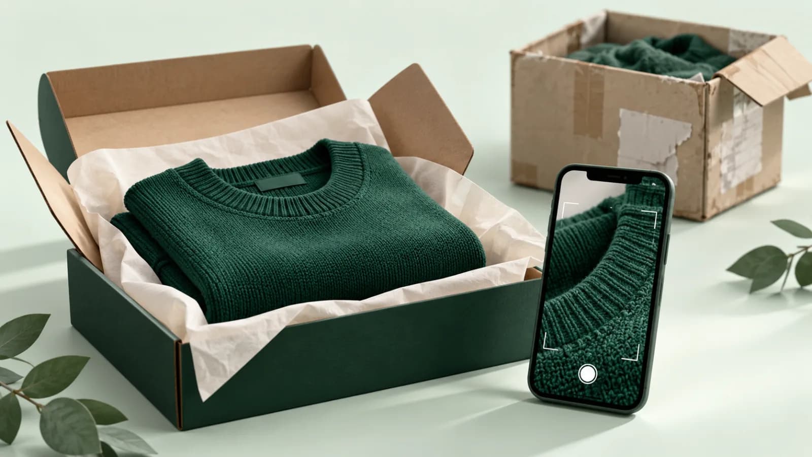 An editorial illustration of a returned garment beside a careful pre-shipment condition record and shipping parcel.