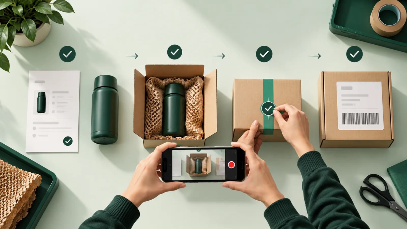 An editorial illustration of a phone recording an order, item, parcel seal and label as a clear evidence checklist.