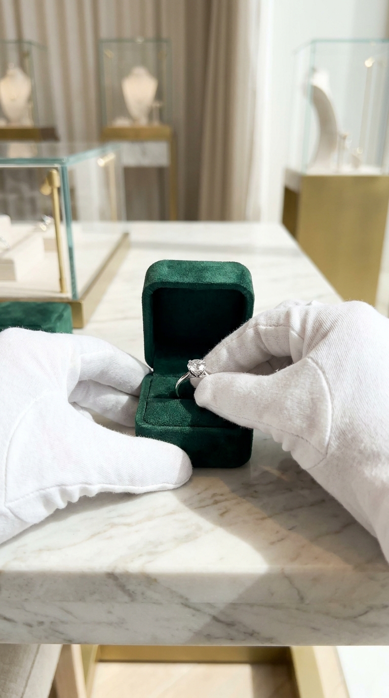 Ring being placed into its velvet box