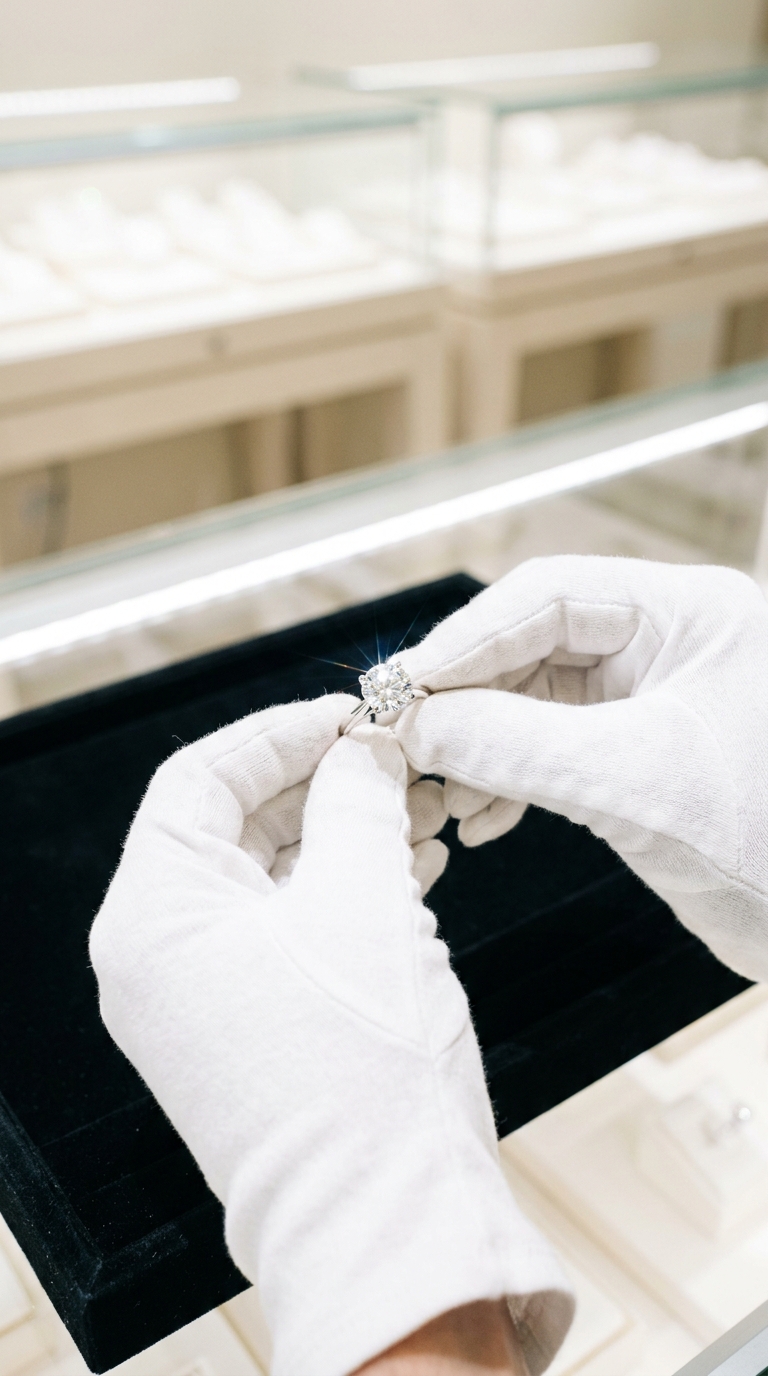 Gloved hand showing a diamond ring to the camera