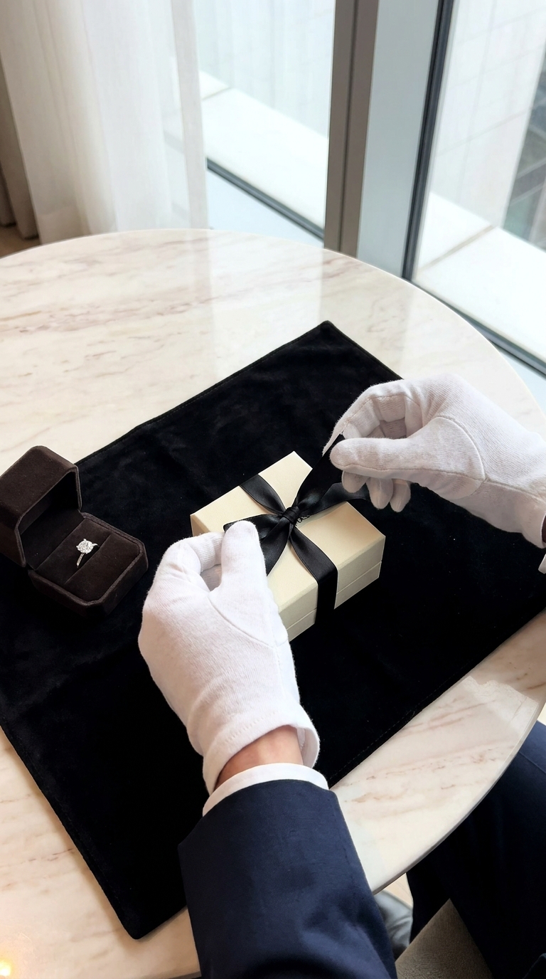 Package being sealed with a ribbon