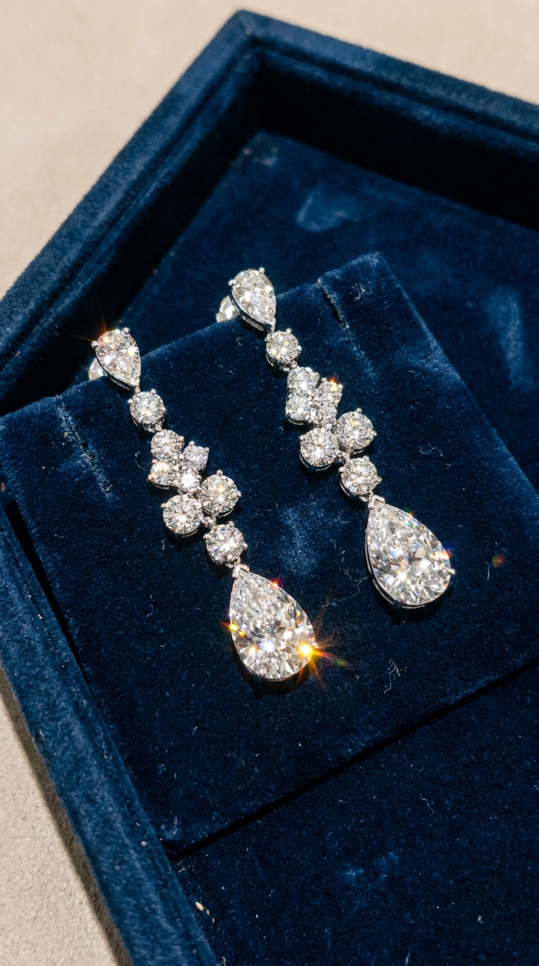 Diamond earrings on a velvet tray