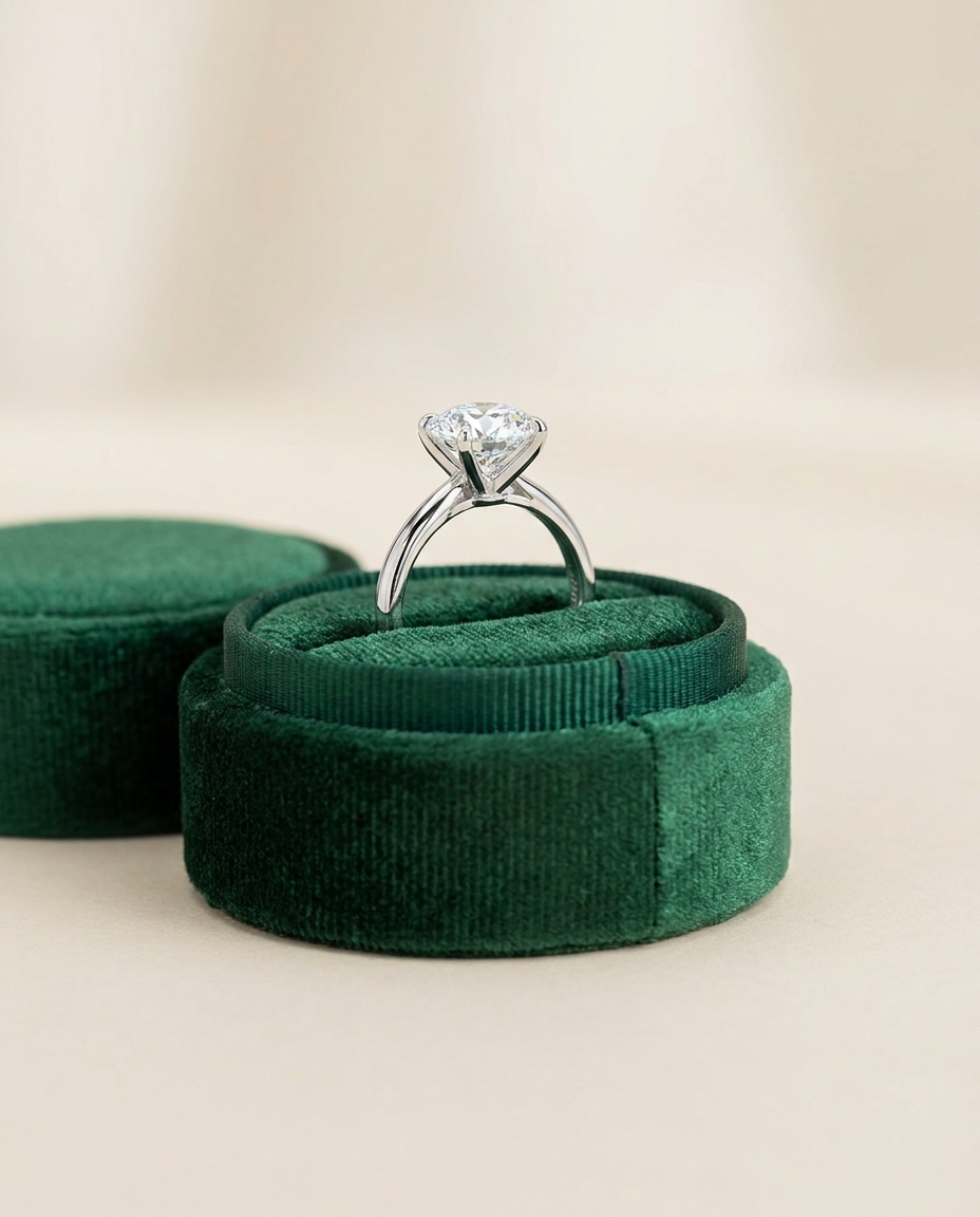 Diamond solitaire ring in a green velvet box