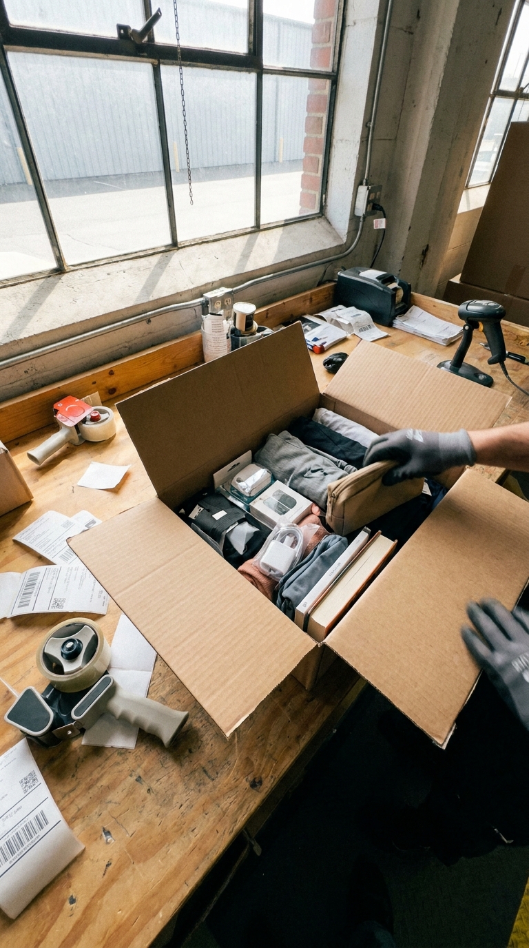 Paketleme istasyonunda kontrol edilen açık kargo kutusu