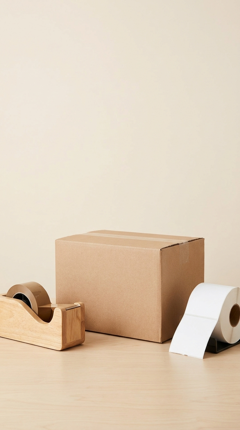 Yumuşak stüdyo ışığında düzenli bir paketleme istasyonu