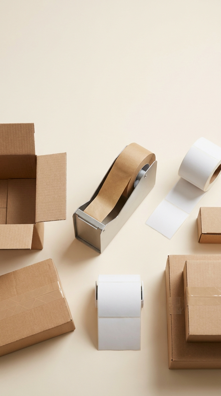 Bant ve etiketlerle düzenli bir paketleme istasyonu