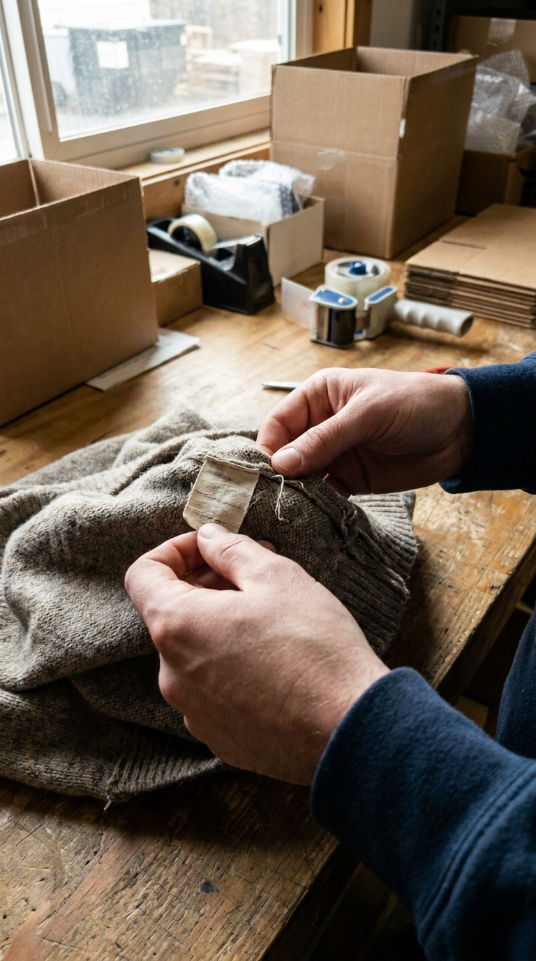 Checking the sweater's condition before packing