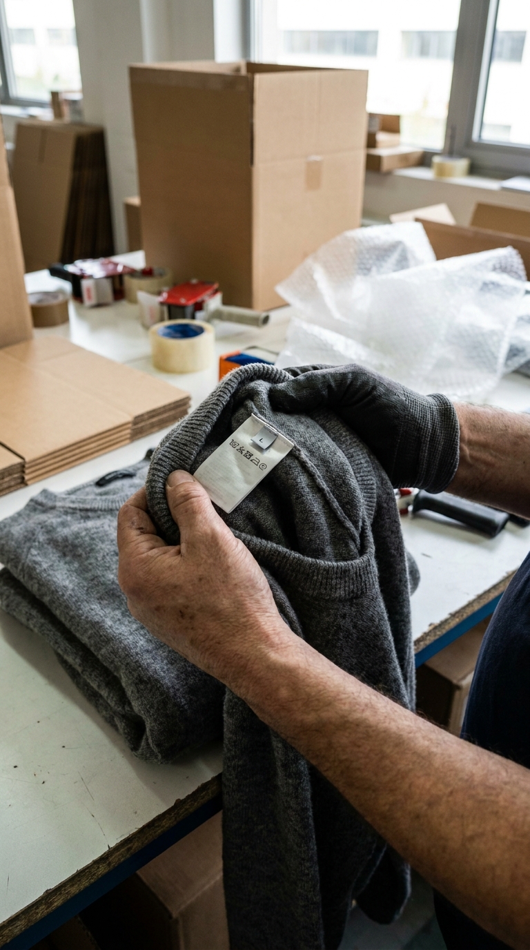 A folded sweater with its label held up to the camera