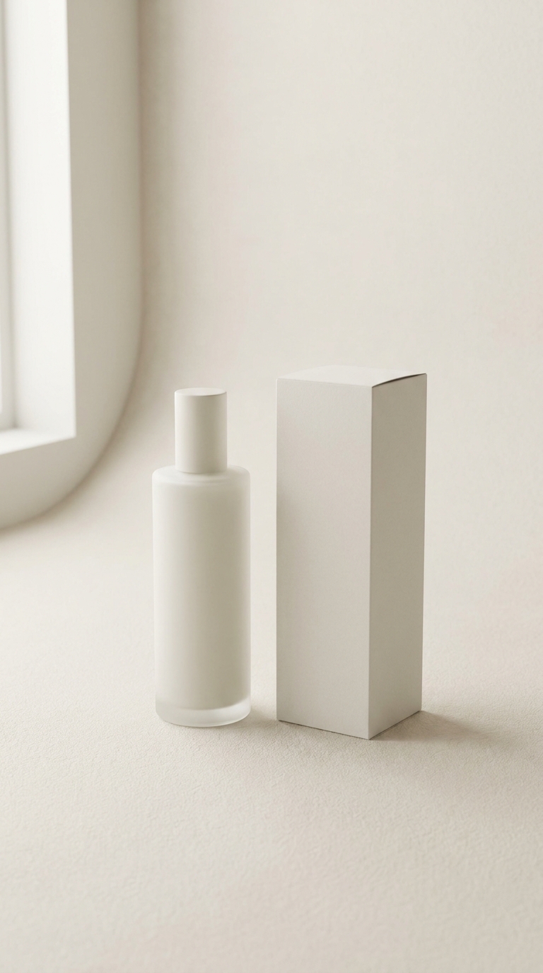 A minimalist skincare bottle and box