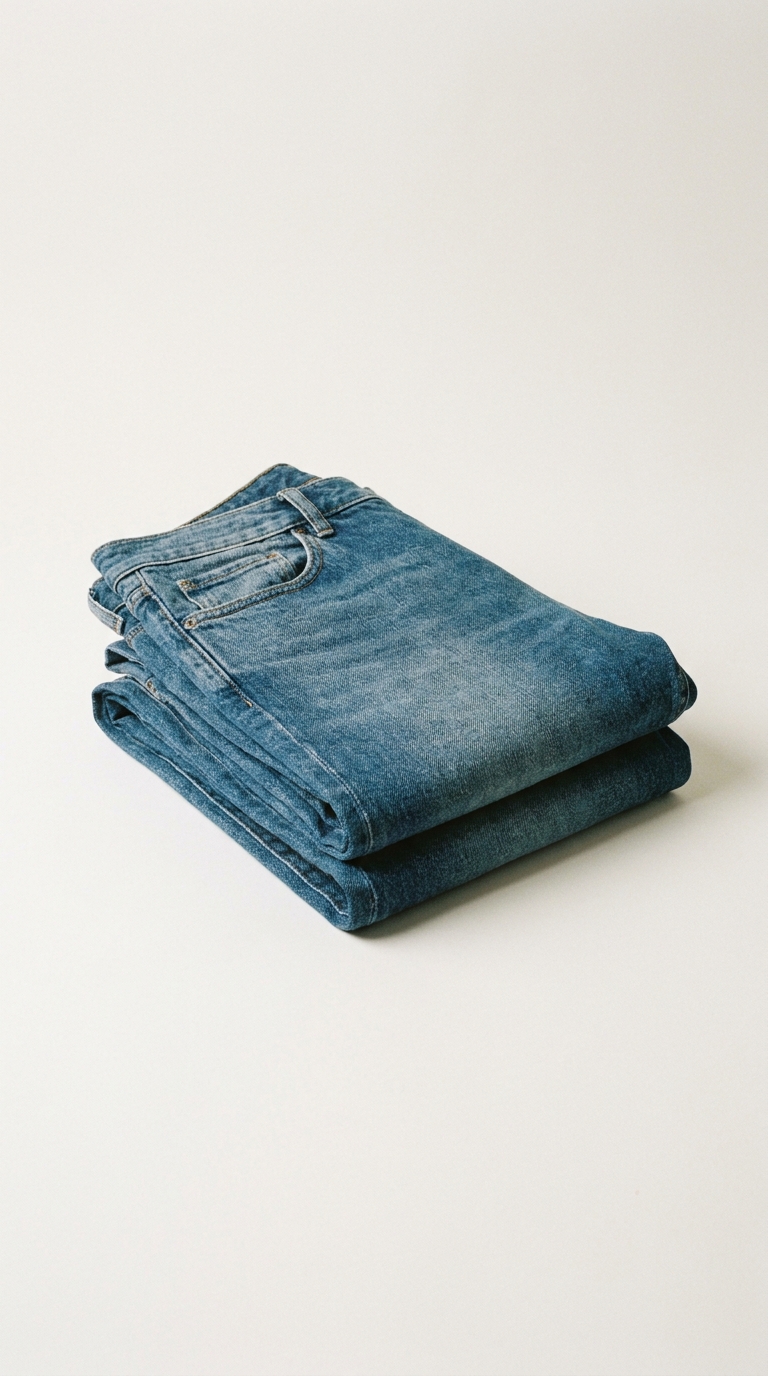 A pair of folded denim jeans