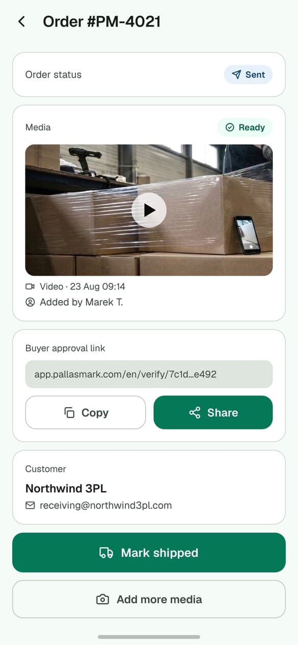The shipment screen after sending: status Sent, the video attached and marked Ready, and the buyer approval link.