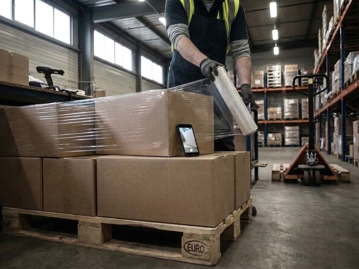 A built pallet at the loading dock, ready to leave