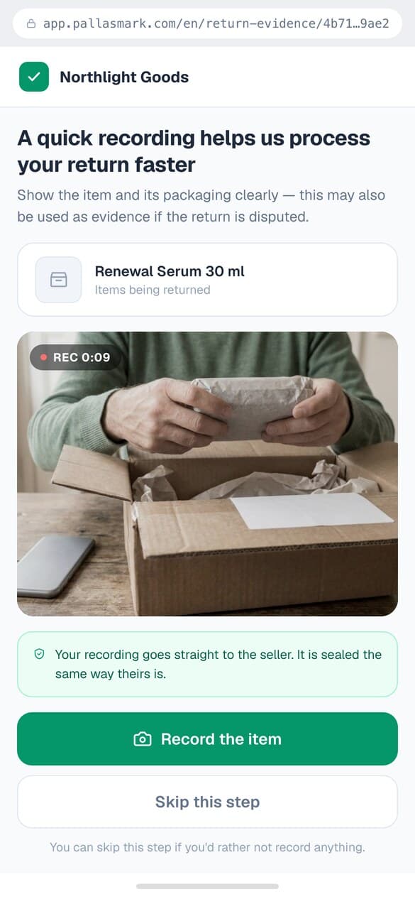 The return evidence page a buyer sees, with a Record the item button.
