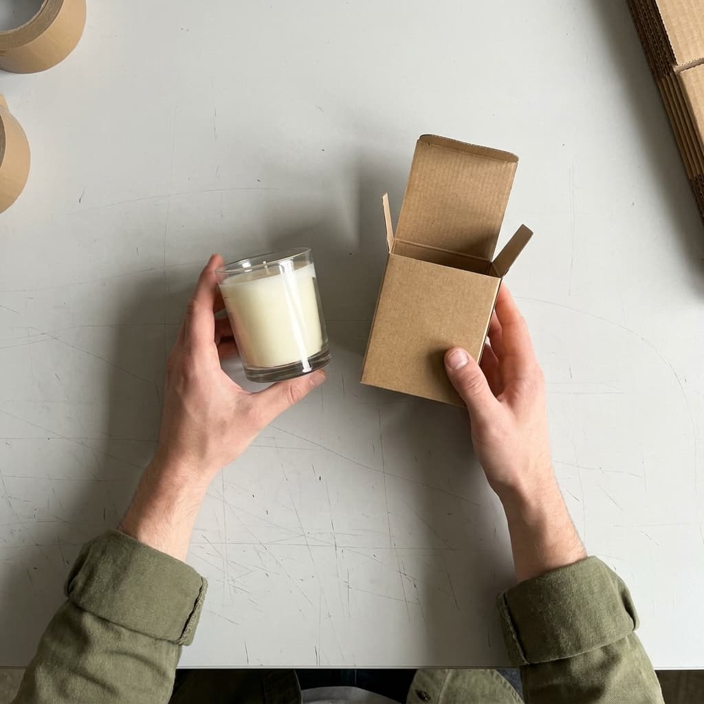 A poured candle beside its kraft box on the packing bench