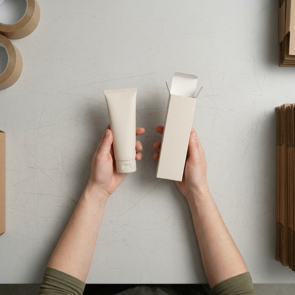 A skincare tube and carton laid flat before packing