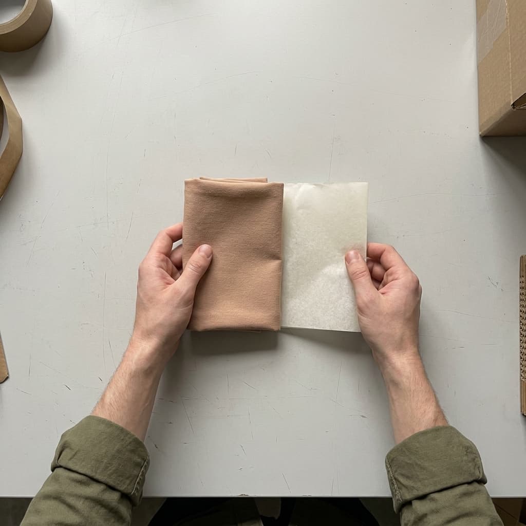 A folded textile beside a sheet of tissue paper
