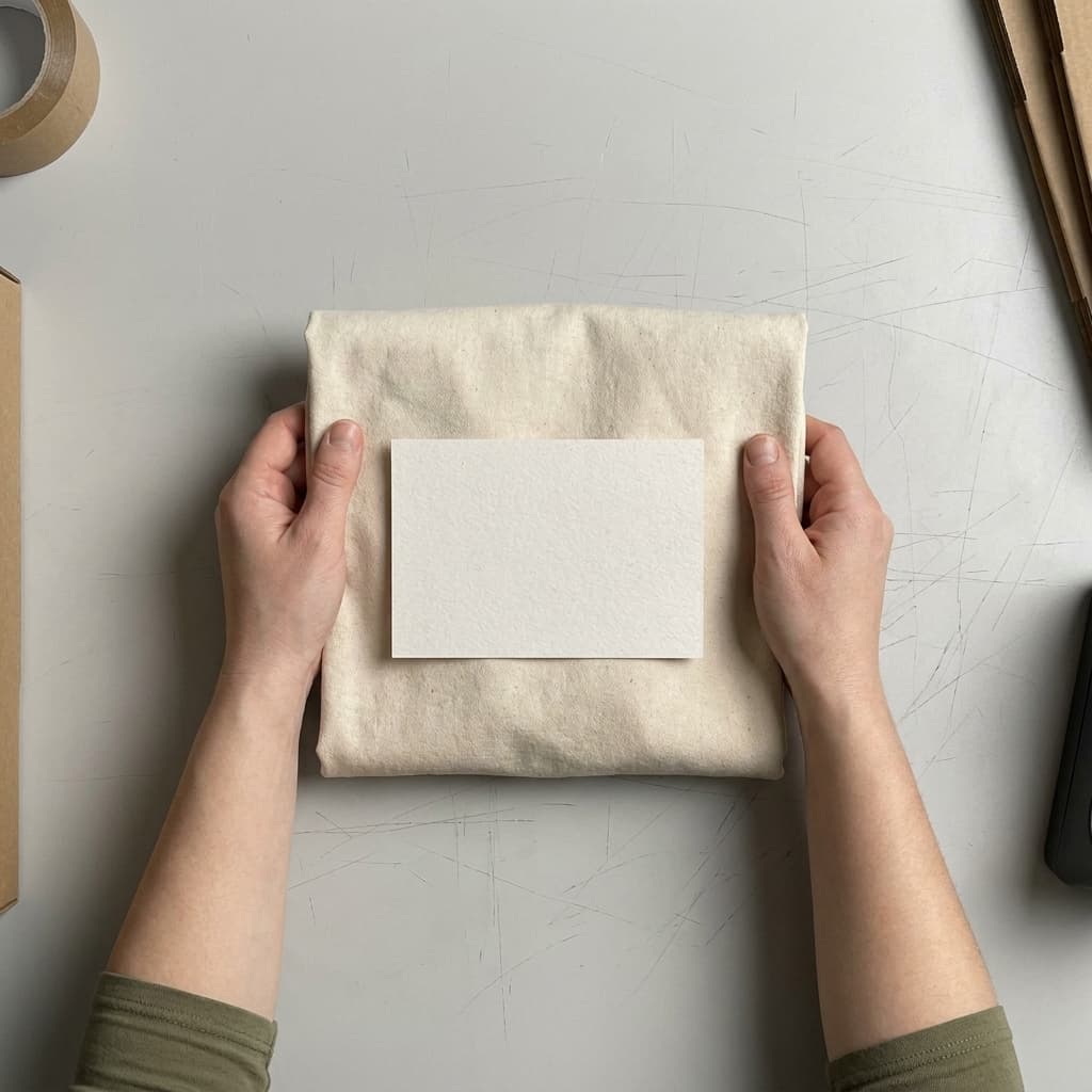 A folded garment with a thank-you card resting on it