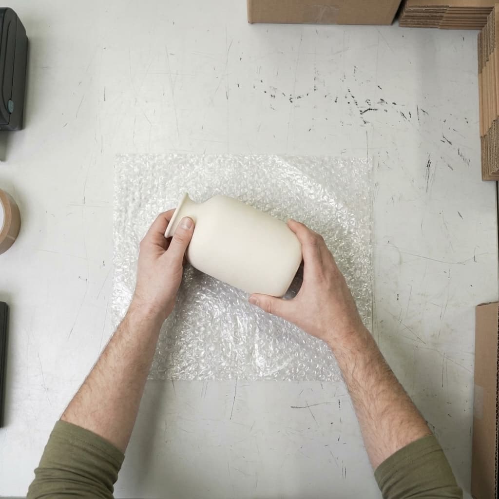 A ceramic vase on a sheet of bubble wrap before wrapping