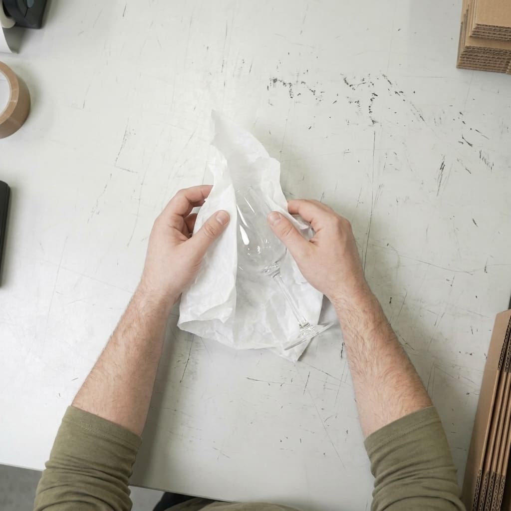 A drinking glass being wrapped in tissue on the bench