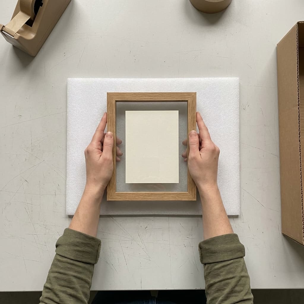 A framed picture laid on protective foam