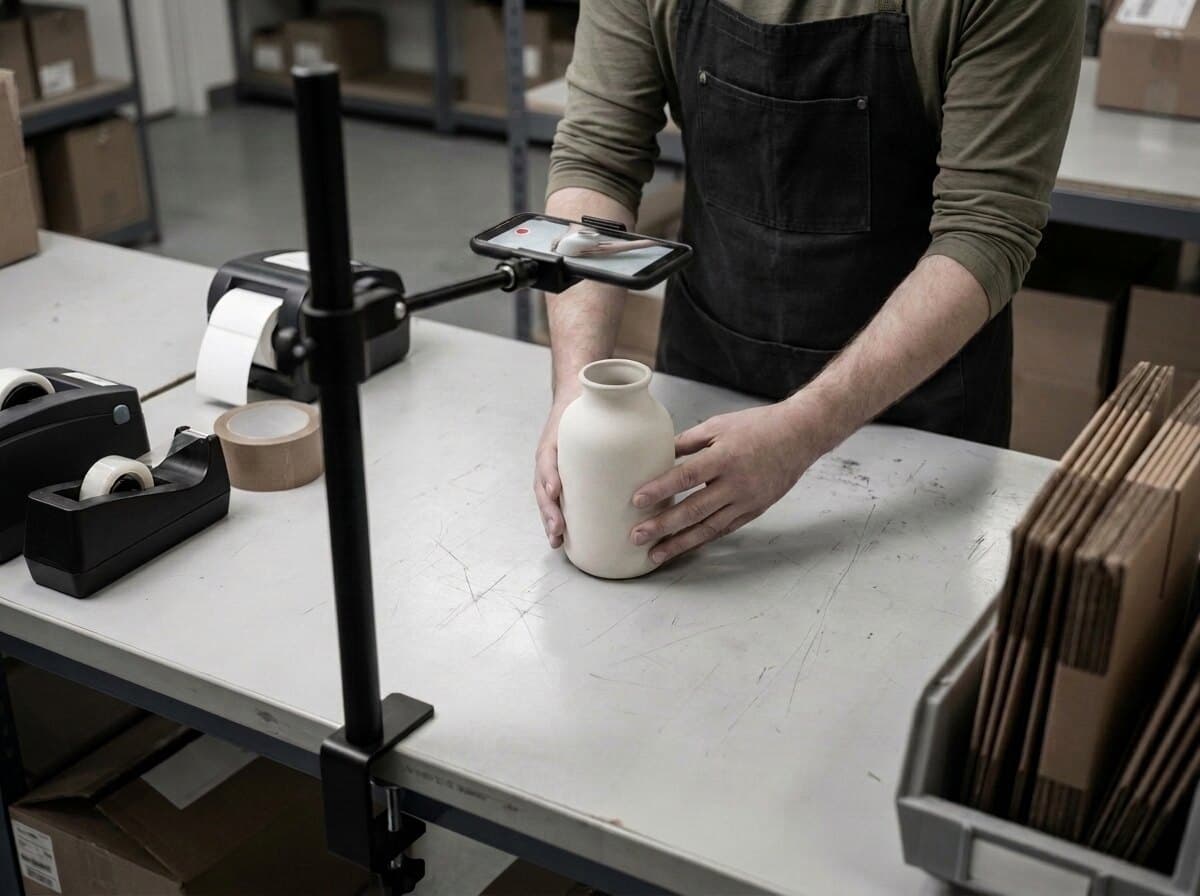 The packer holds the item up to a phone mounted on a stand at the bench.