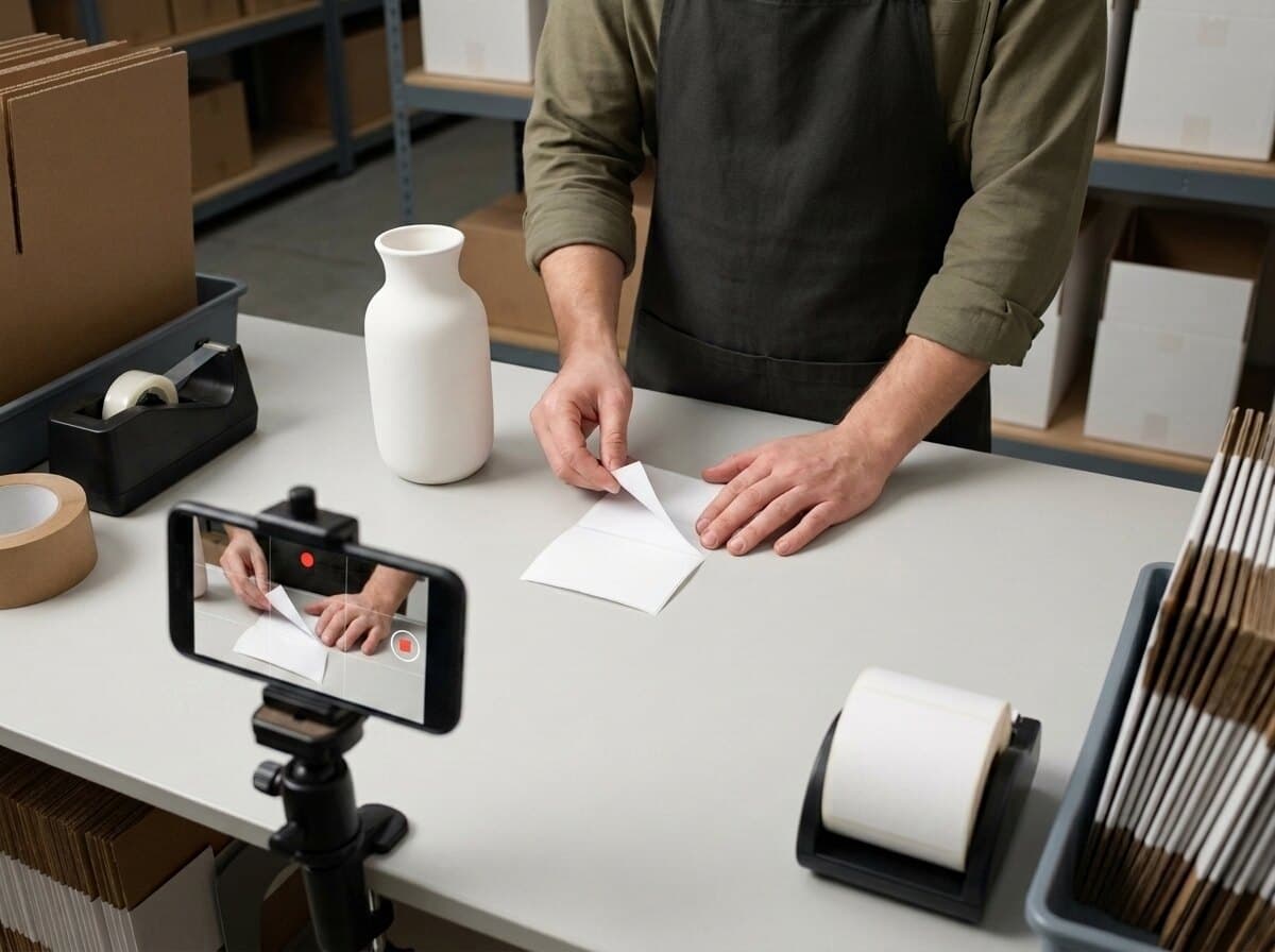 The shipping label is peeled from its backing in front of the mounted phone.