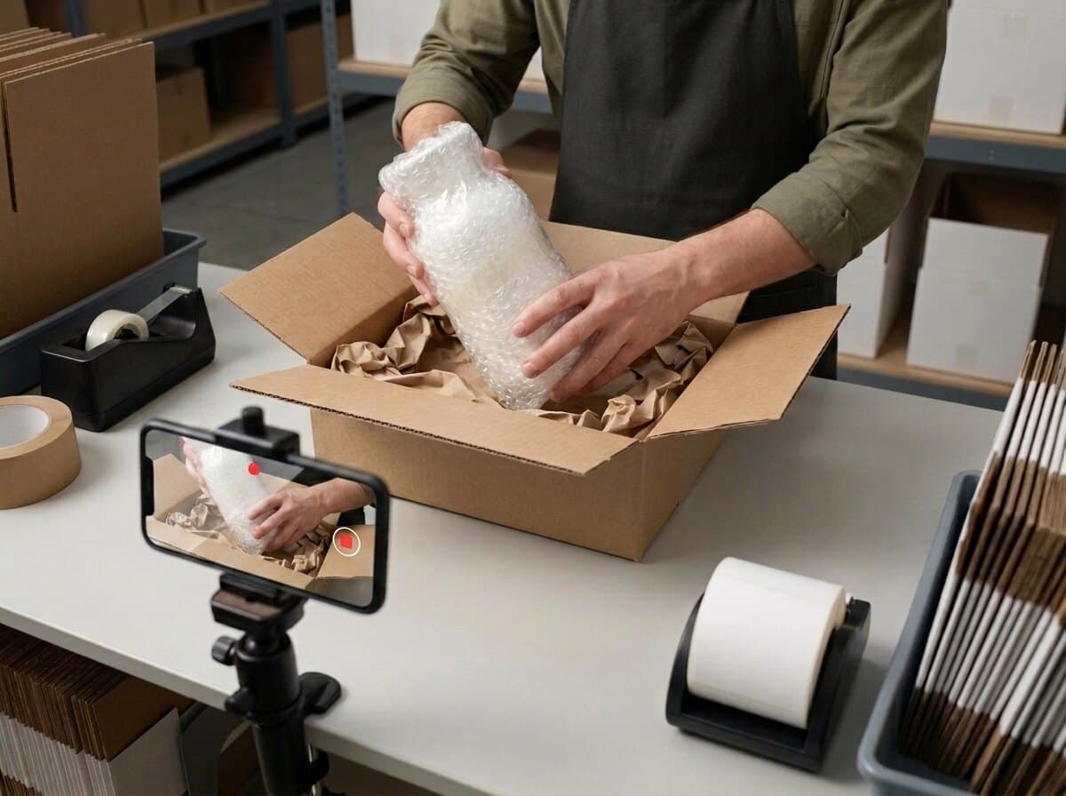 The item is lowered into a padded carton while the phone records.