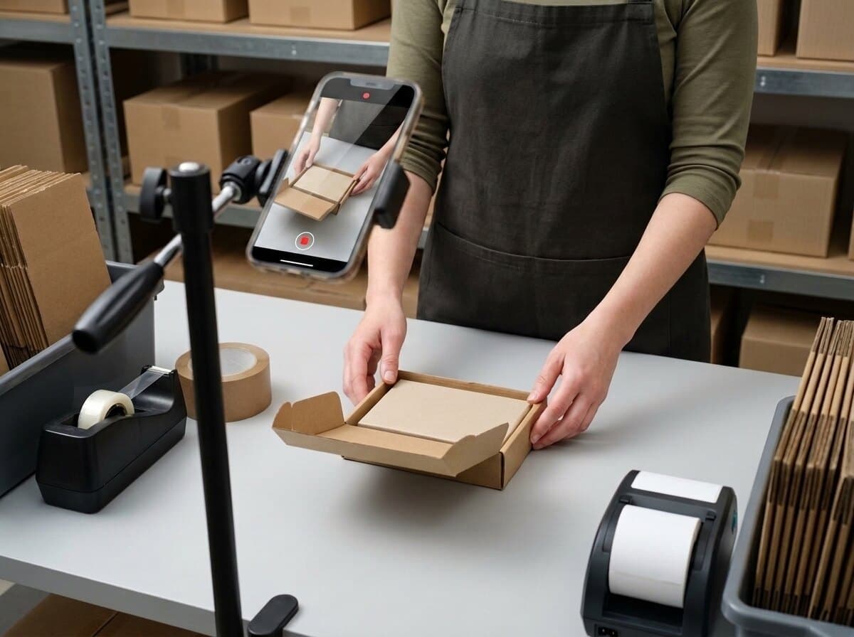 The packer holds the item up to a phone mounted on a stand at the bench.