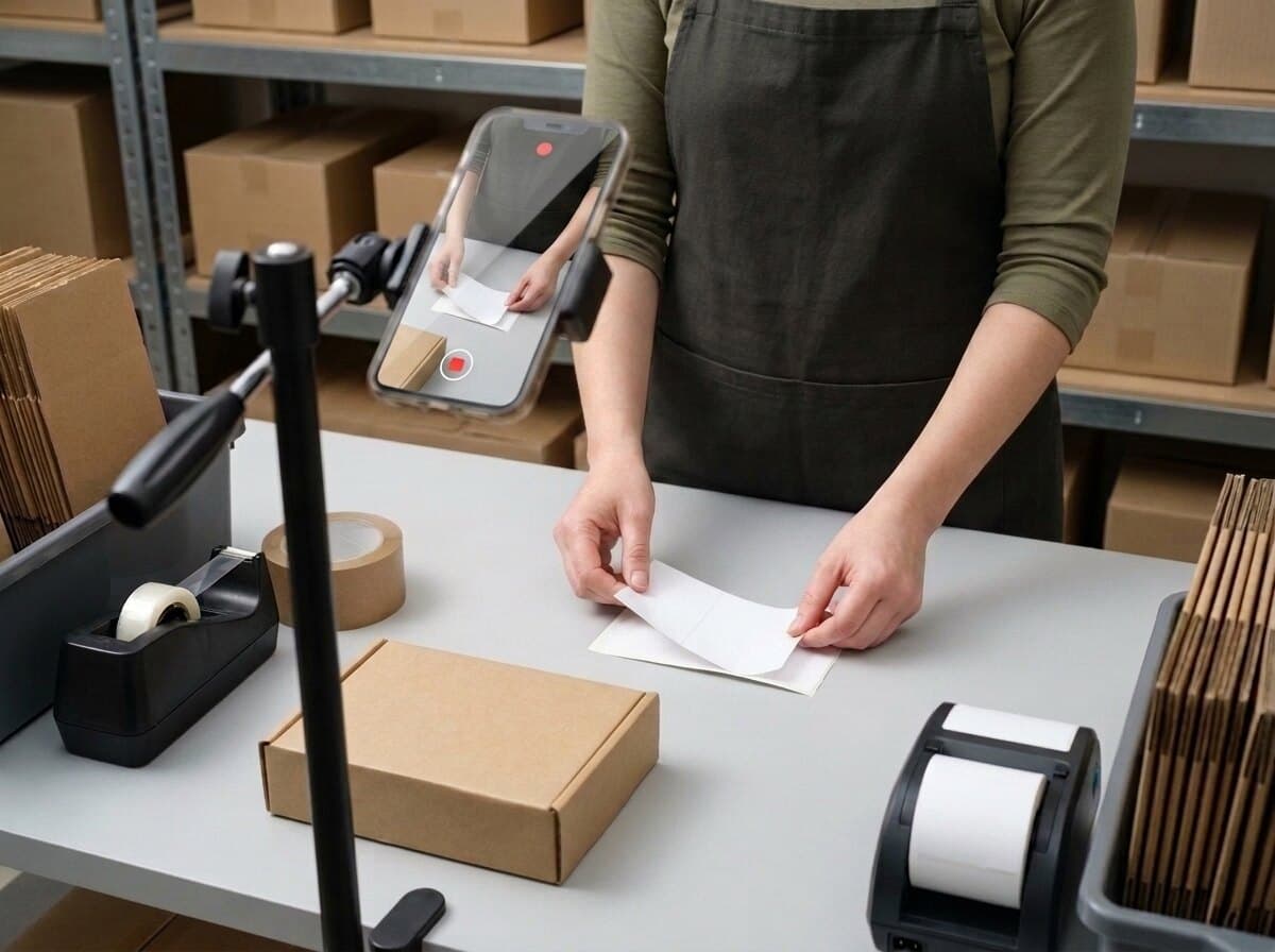 The shipping label is peeled from its backing in front of the mounted phone.